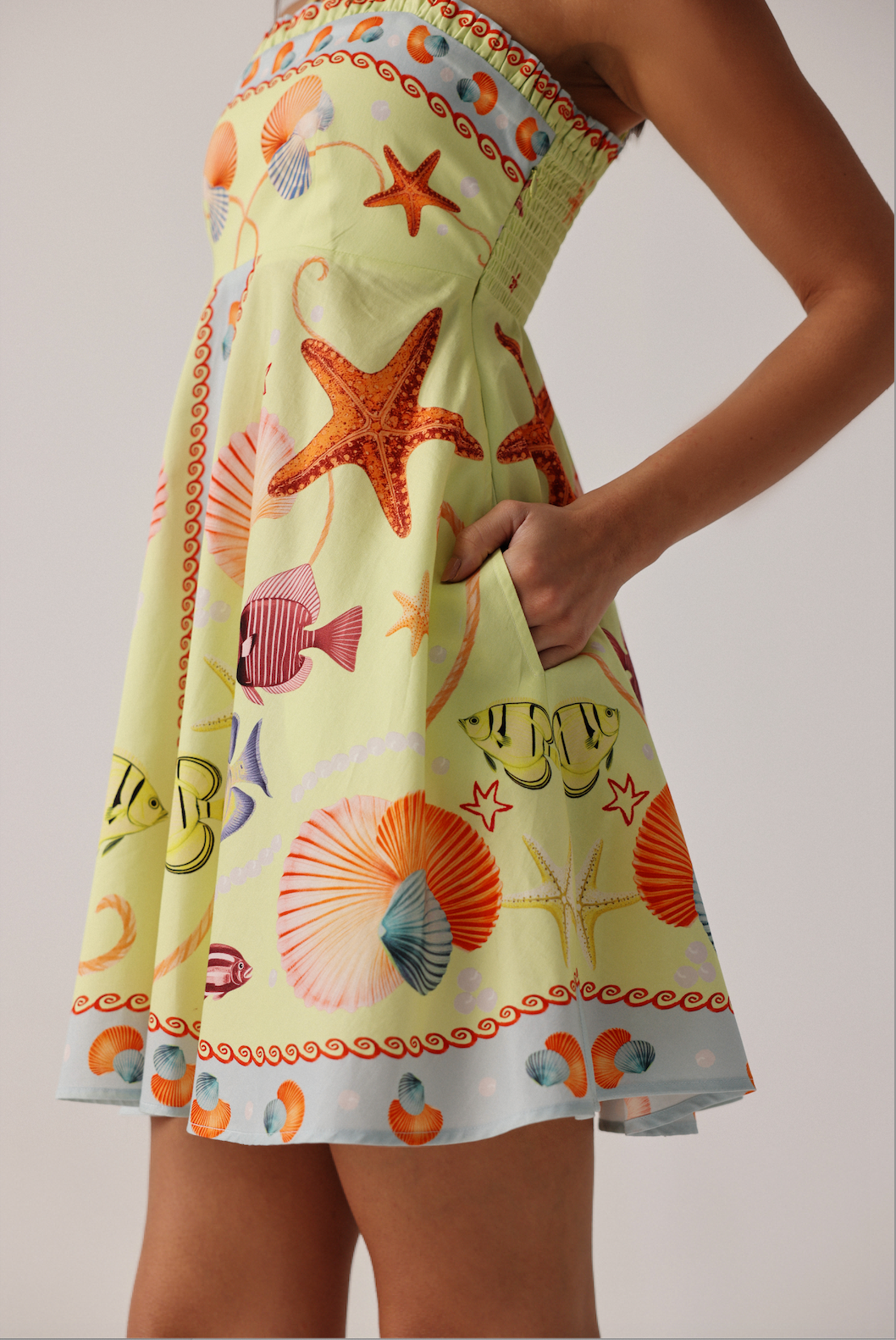 Nora Mini Dress in Seaborn Yellow Fish Print