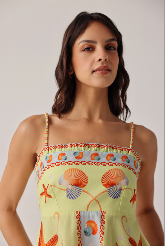 Nora Mini Dress in Seaborn Yellow Fish Print