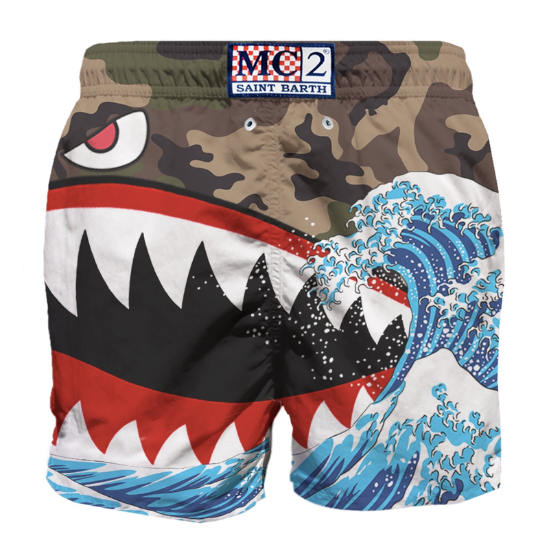 Gustavia Placed Print Swim Shorts - Army Shark Mimetic